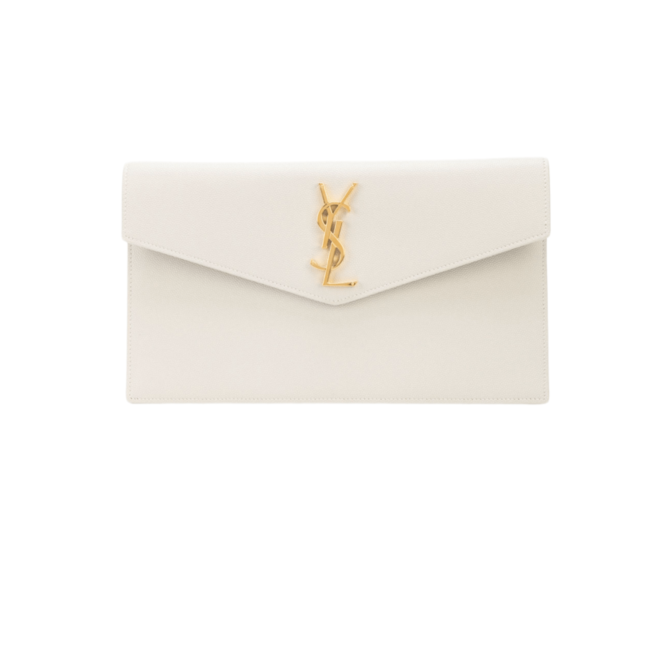 POCHETTE MEDIA UPTOWN IN PELLE GOFFRATA GRAIN DE POUDRE BIANCA CON LOGO GOLD