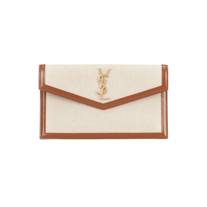 POCHETTE MEDIA UPTOWN IN PELLE MORBIDA E TELA NATURAL BEIGE LOGO GOLD